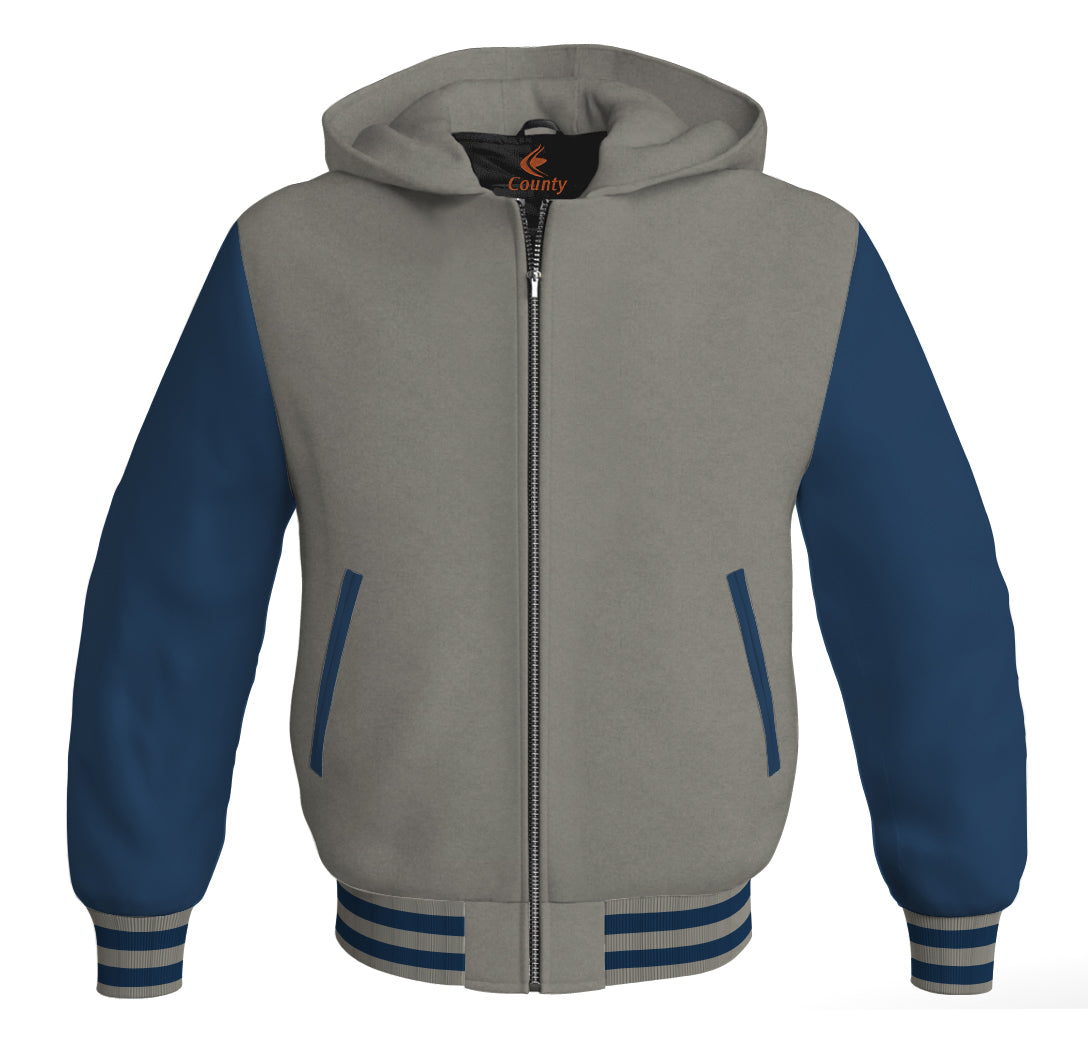 Letterman Hoodie Gray Body and Navy Blue Leather Sleeves Varsity Hoodie