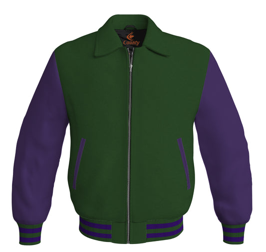 Bomber Classic Jacket Forest Green Body and Purple Leather Sleeves