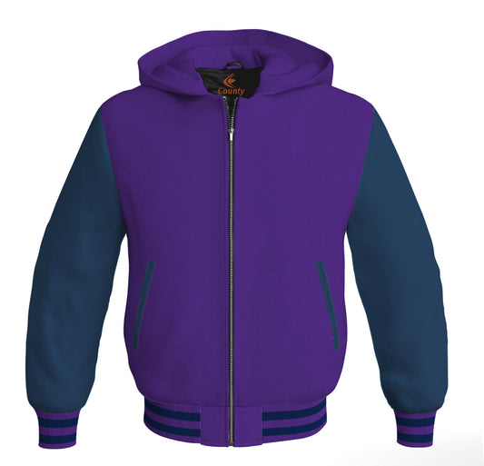 Letterman Bomber Hoodie Jacket Purple Body Navy Blue Leather Sleeves