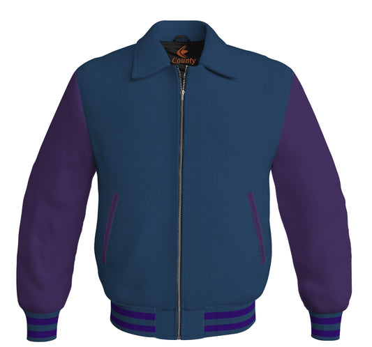 Bomber Classic Jacket Navy Blue Body and Purple Leather Sleeves