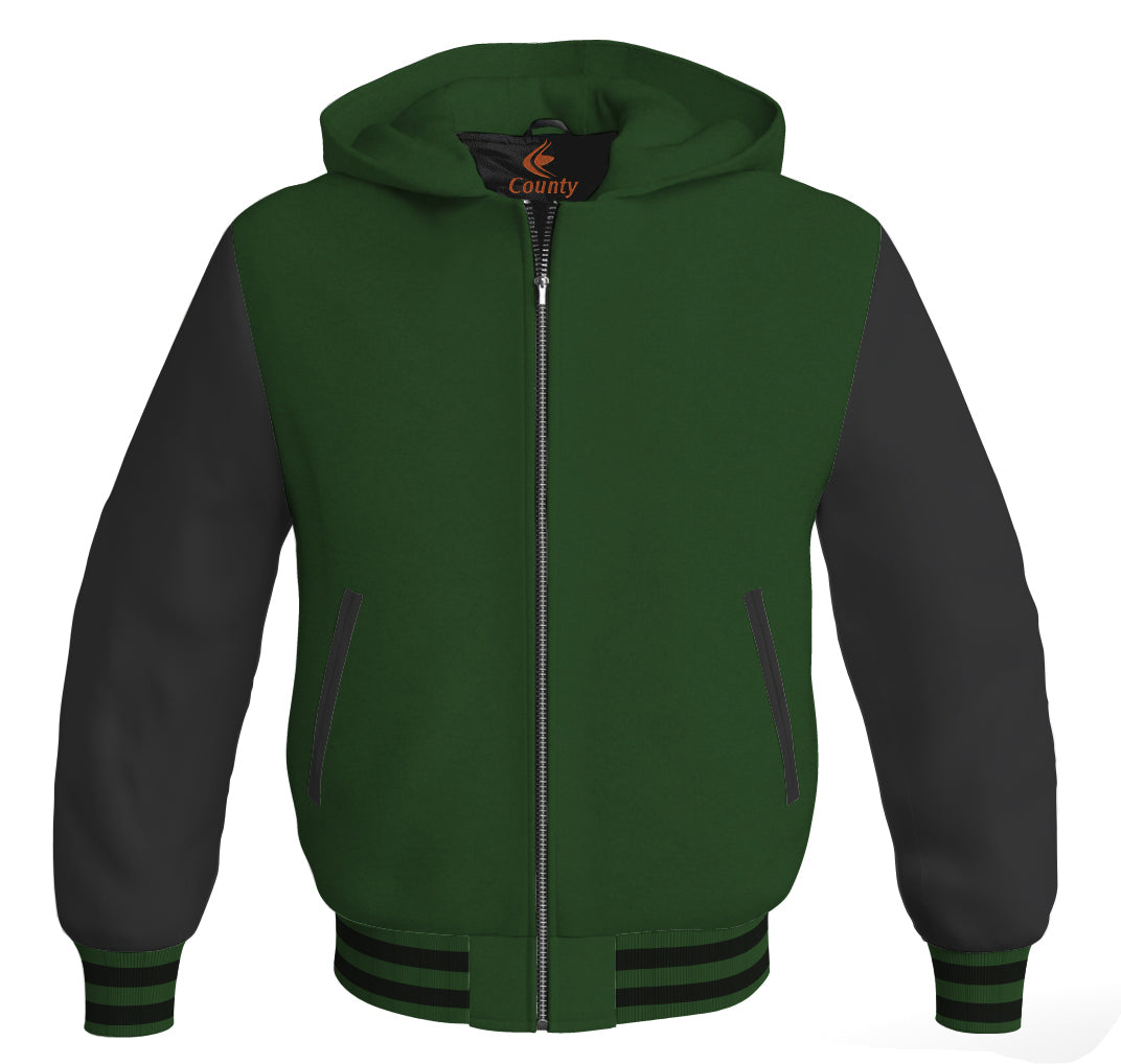 Hoodie Jackets Forest Green Body and Black Leather Sleeves Bomber JacketSleeves
