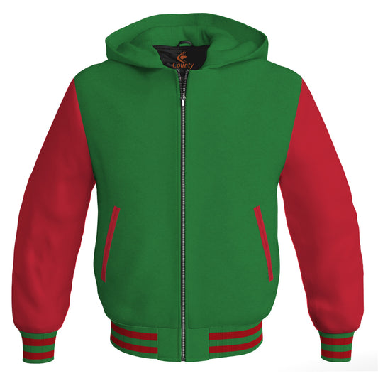 Letterman Bomber Hoodie Jacket Green Body Red Leather Sleeves