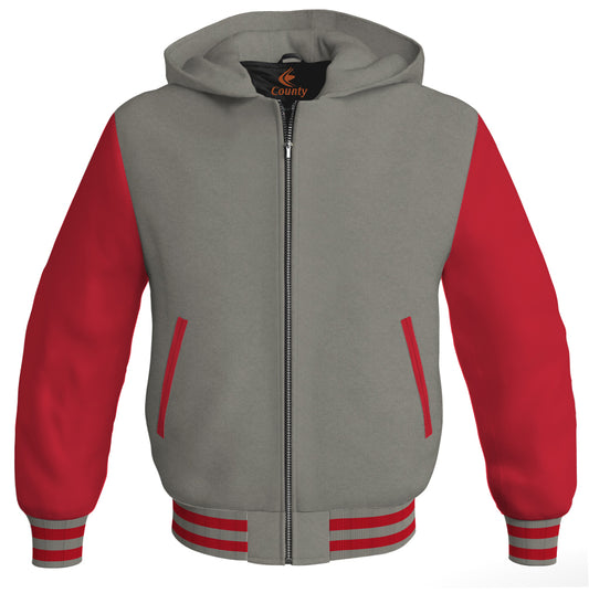 Letterman Bomber Hoodie Jacket Gray Body Red Leather Sleeves