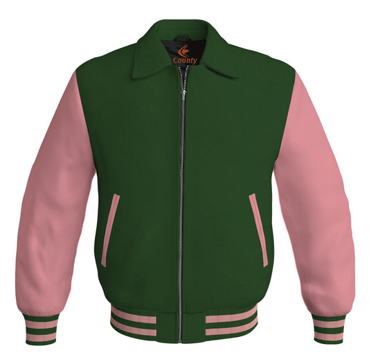 Bomber Classic Jacket Forest Green Body and Pink Leather Sleeves