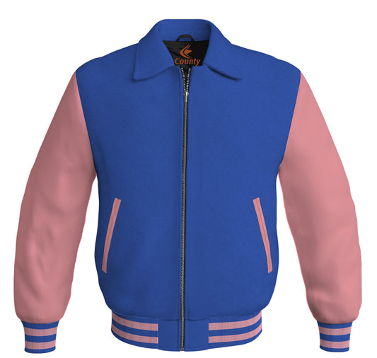 Bomber Classic Jacket Royal Blue Body and Pink Leather Sleeves