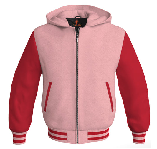 Letterman Bomber Hoodie Jacket Pink Body Red Leather Sleeves