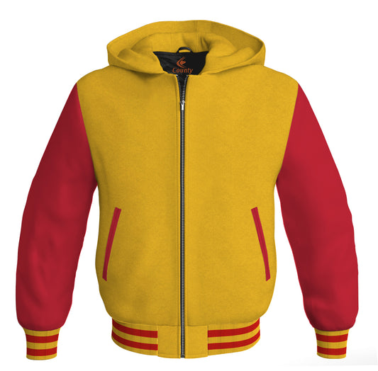 Letterman Bomber Hoodie Jacket Yellow/Gold Body Red Leather Sleeves