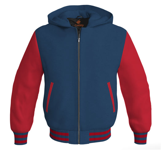 Letterman Bomber Hoodie Jacket Navy Blue Body Red Leather Sleeves