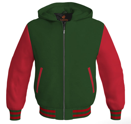 Letterman Bomber Hoodie Jacket Forest Green Body Red Leather Sleeves