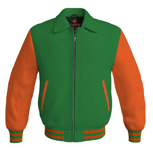 Luxury Bomber Classic Jacket Green Body and Orange Leather Sleeves