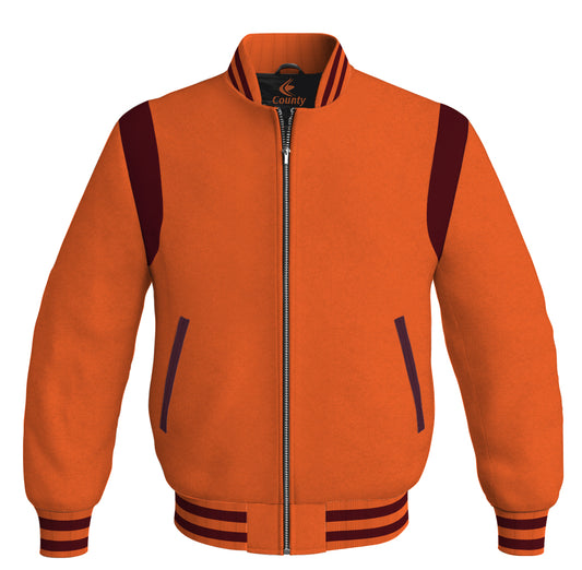 Letterman Baseball Bomber Retro Jacket Orange Body Maroon Leather Inserts