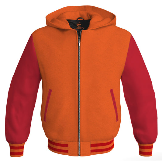 Letterman Bomber Hoodie Jacket Orange Body Red Leather Sleeves
