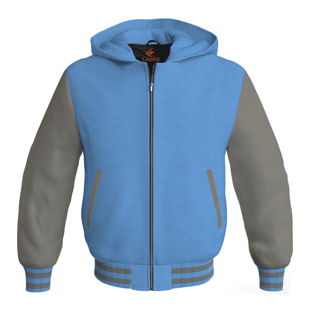 Hooded Bomber Women Sky Blue Body and Gray Leather Sleeves Custom Hoodies