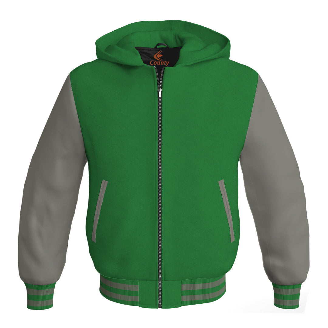 Hooded Bomber Women Green Body and Gray Leather Sleeves Custom Hoodies