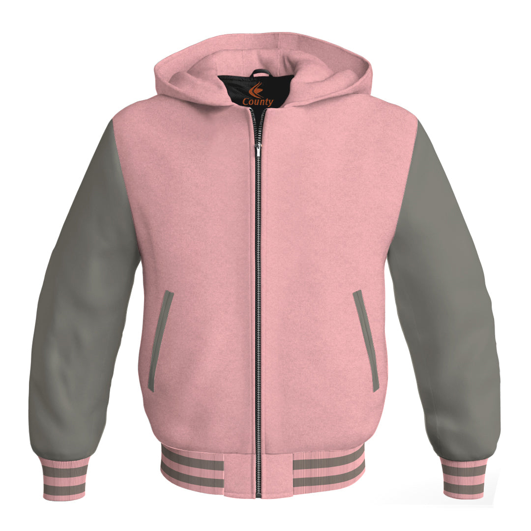 Hooded Bomber Women Pink Body and Gray Leather Sleeves Custom Hoodies