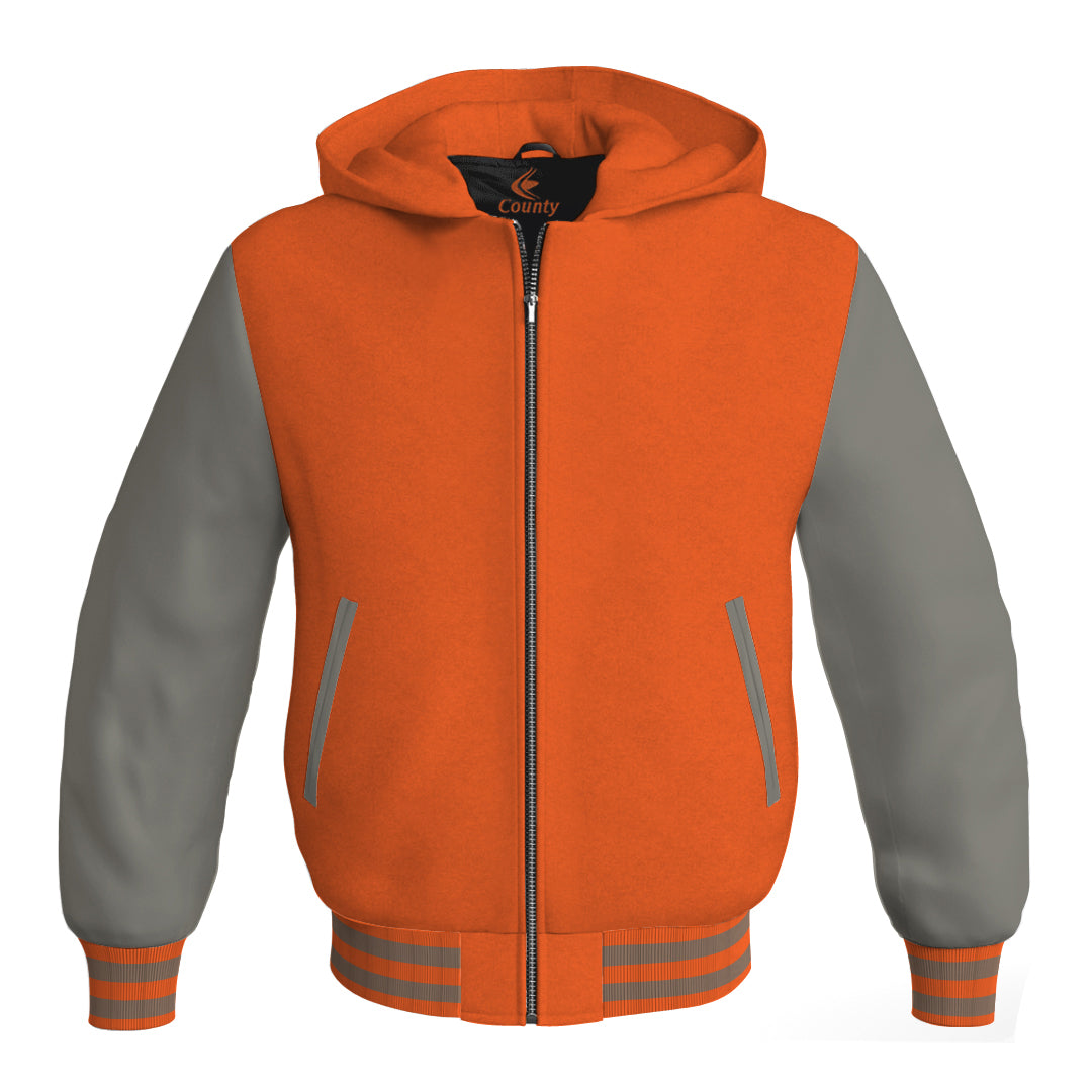 Hooded Bomber Women Orange Body and Gray Leather Sleeves Custom Hoodies
