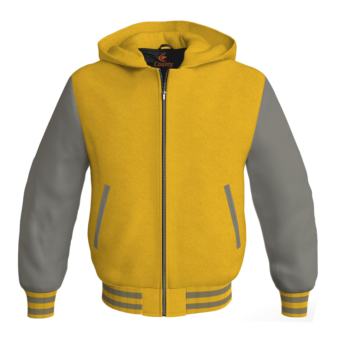Hooded Bomber Women Yellow/Gold Body and Gray Leather Sleeves Custom Hoodies