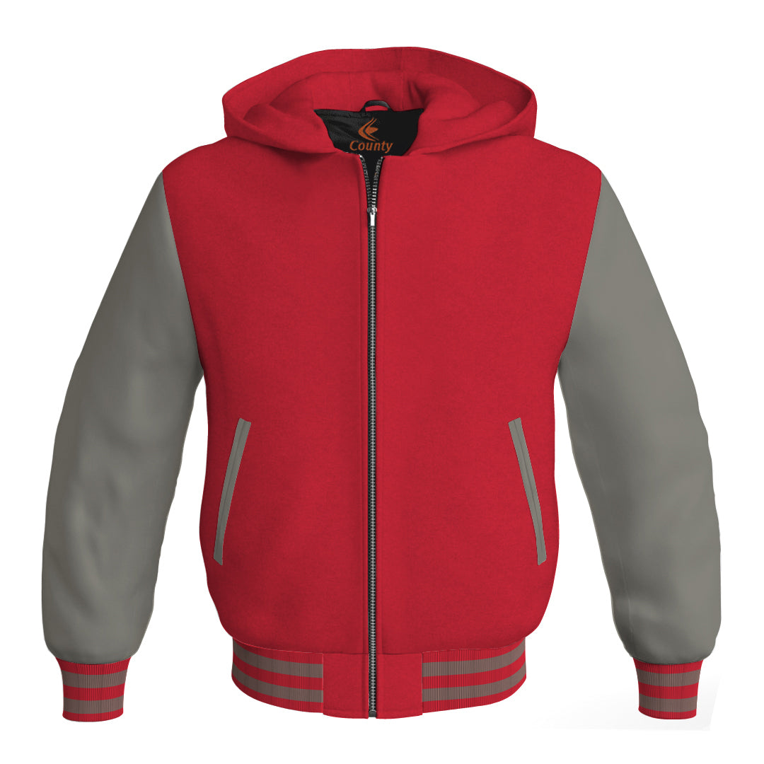 Hooded Bomber Women Red Body and Gray Leather Sleeves Custom Hoodies