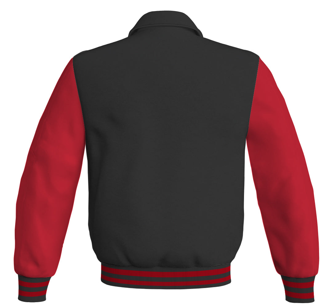 Bomber jacket in black with striking red leather sleeves.
