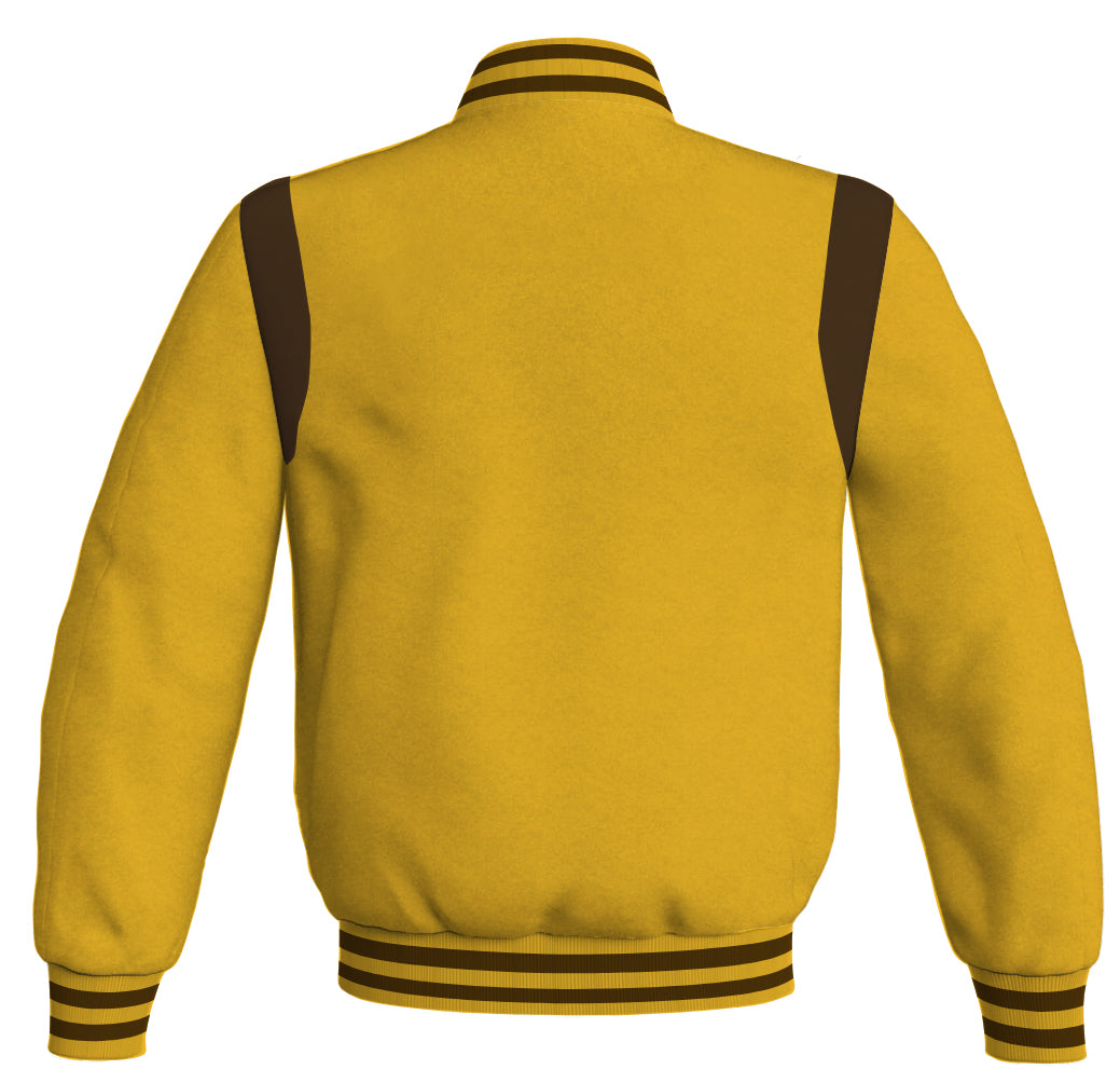 Letterman Baseball Bomber Jacket: Yellow/Gold Body with Brown Leather Inserts. Retro style.