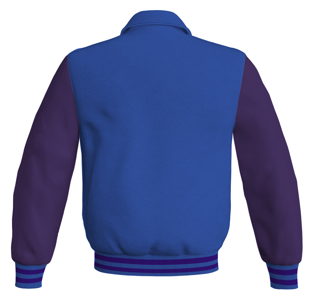 Stylish bomber jacket in royal blue with purple leather sleeves.