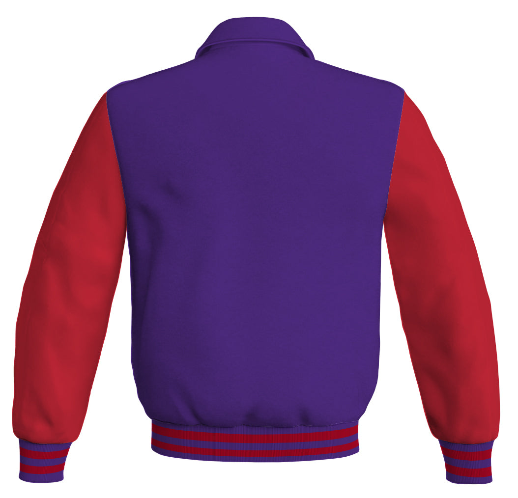Purple bomber jacket with red leather sleeves.