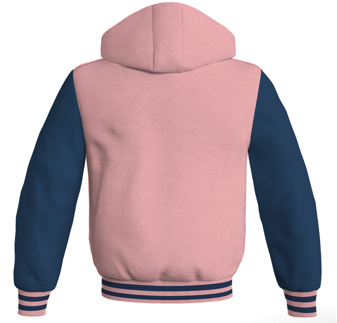 Letterman Bomber Hoodie Jacket Pink Body Navy Blue Leather 
