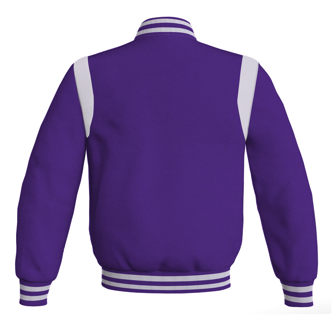Letterman Baseball Bomber Jacket: Purple body with white leather inserts. Retro style.