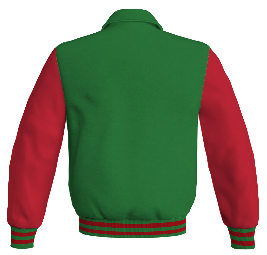 Classic bomber jacket featuring green body and red leather sleeves.
