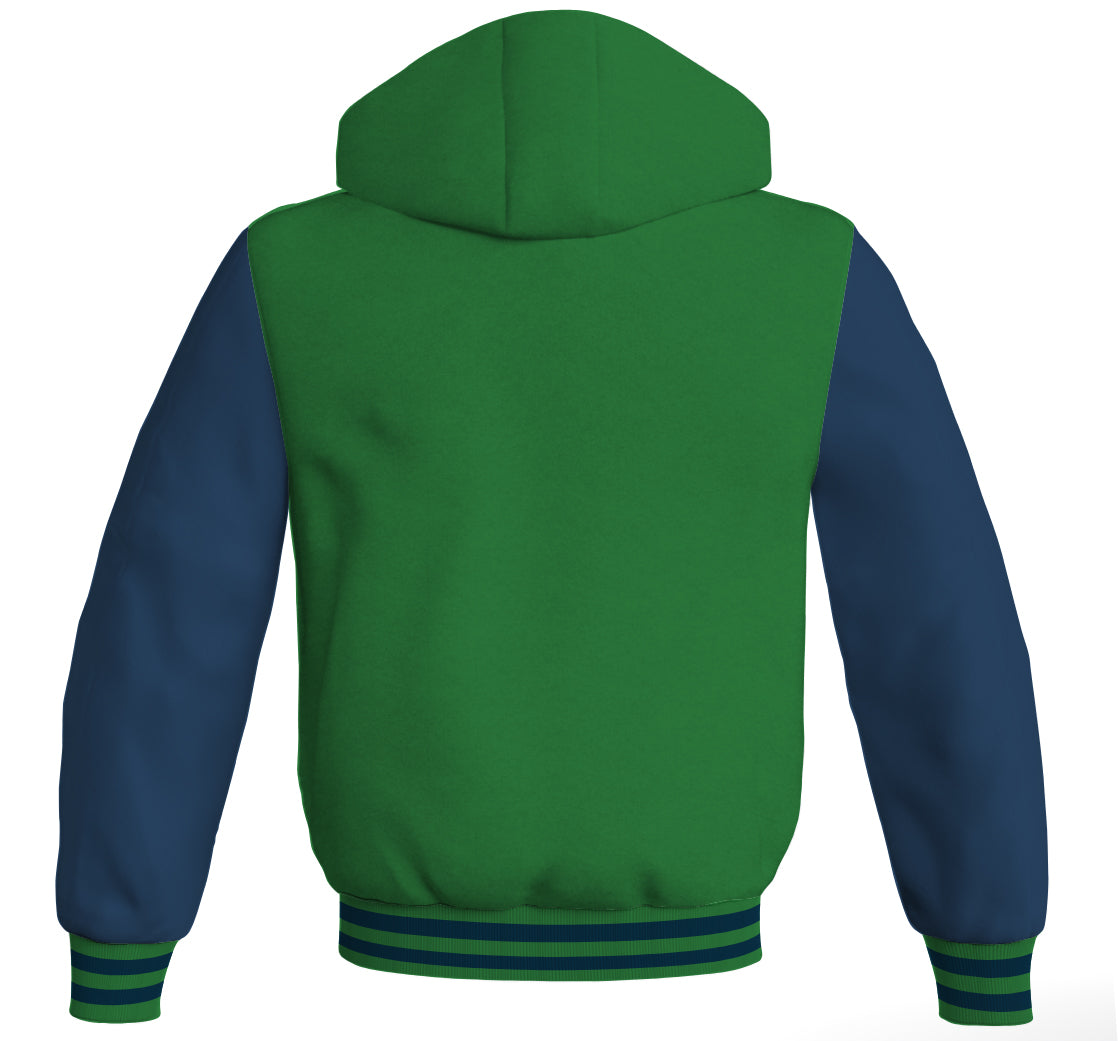 Letterman Hoodie Green Body and Navy Blue Leather Sleeves Varsity Hoodie