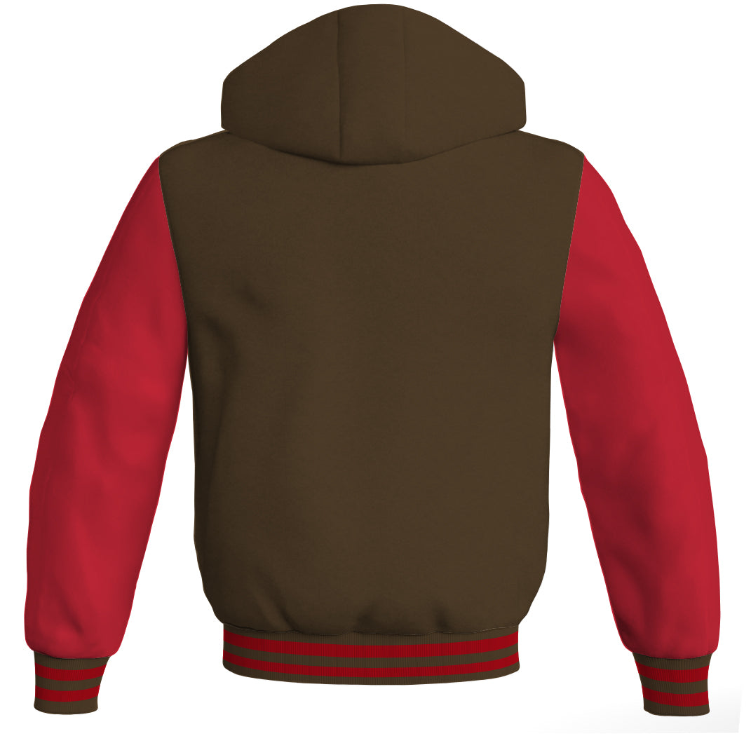 Hooded Bomber Women Brown Body and Red Leather Sleeves Custom Hoodies