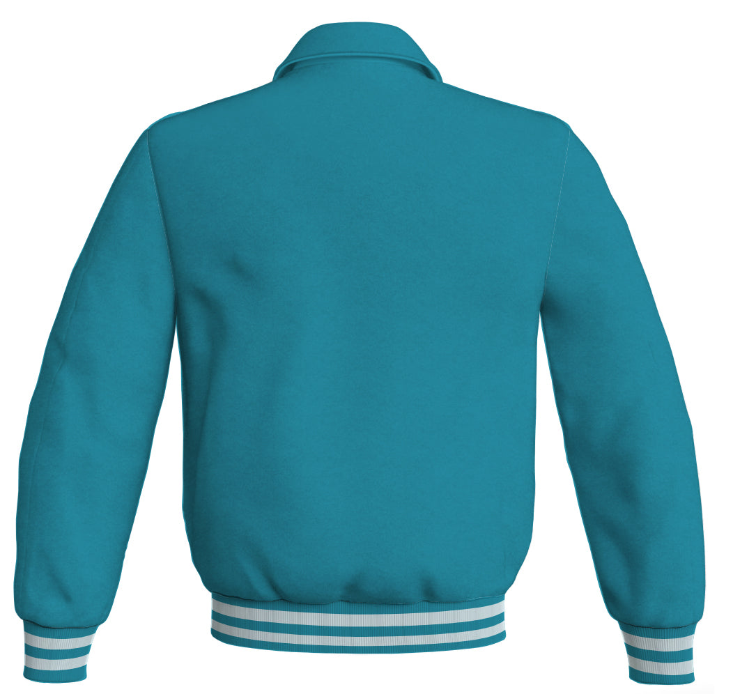 Turquoise satin baseball letterman bomber jacket, perfect for sports wear.