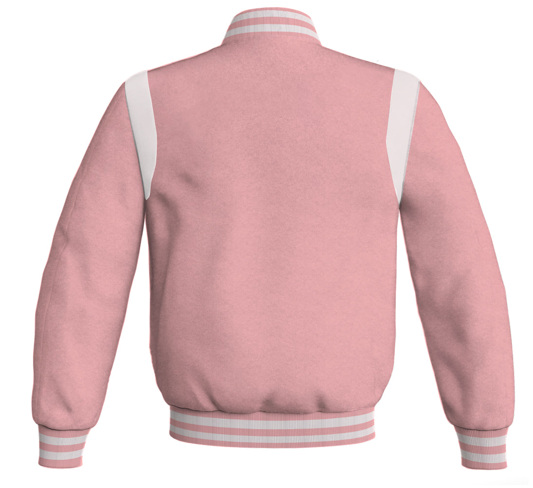 Retro pink Letterman baseball bomber jacket with white leather inserts.