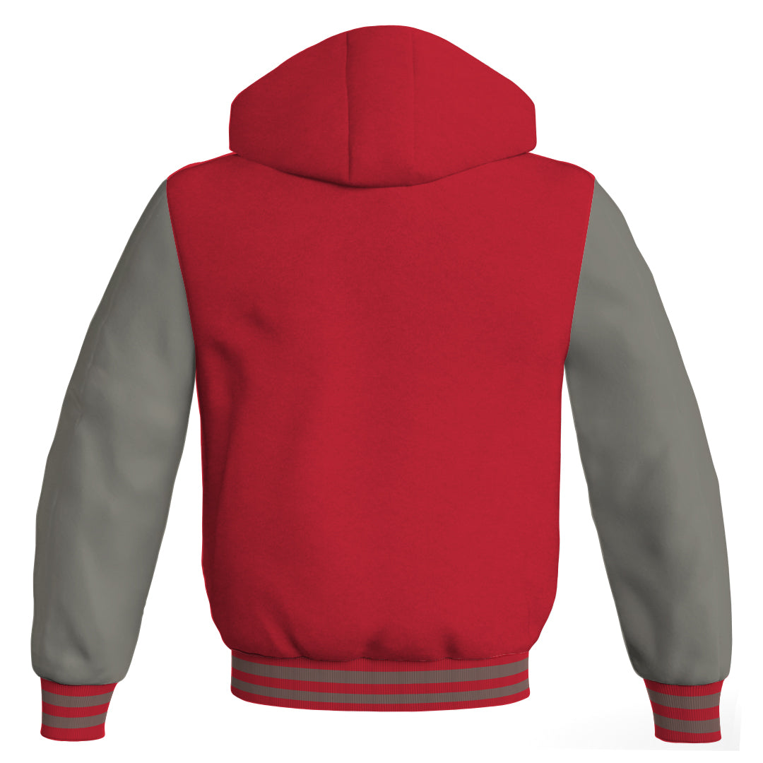 Hooded Bomber Women Red Body and Gray Leather Sleeves Custom Hoodies