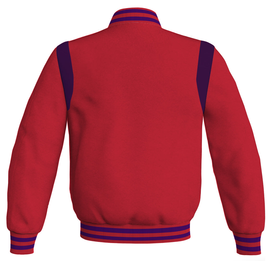 Red baseball bomber jacket with retro design, accented by orange leather inserts.