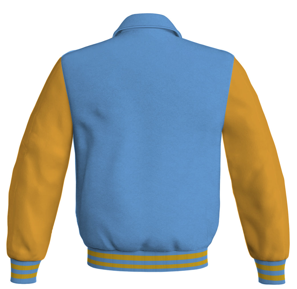 Luxury Bomber Classic Jacket Sky Blue Body and Golden Leather