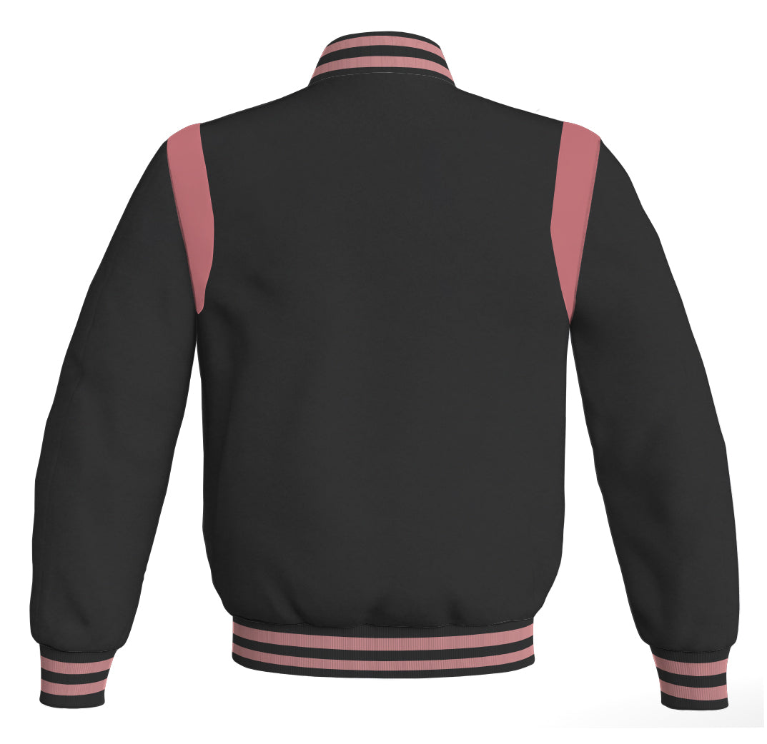 Retro black Letterman baseball bomber jacket with pink leather inserts.