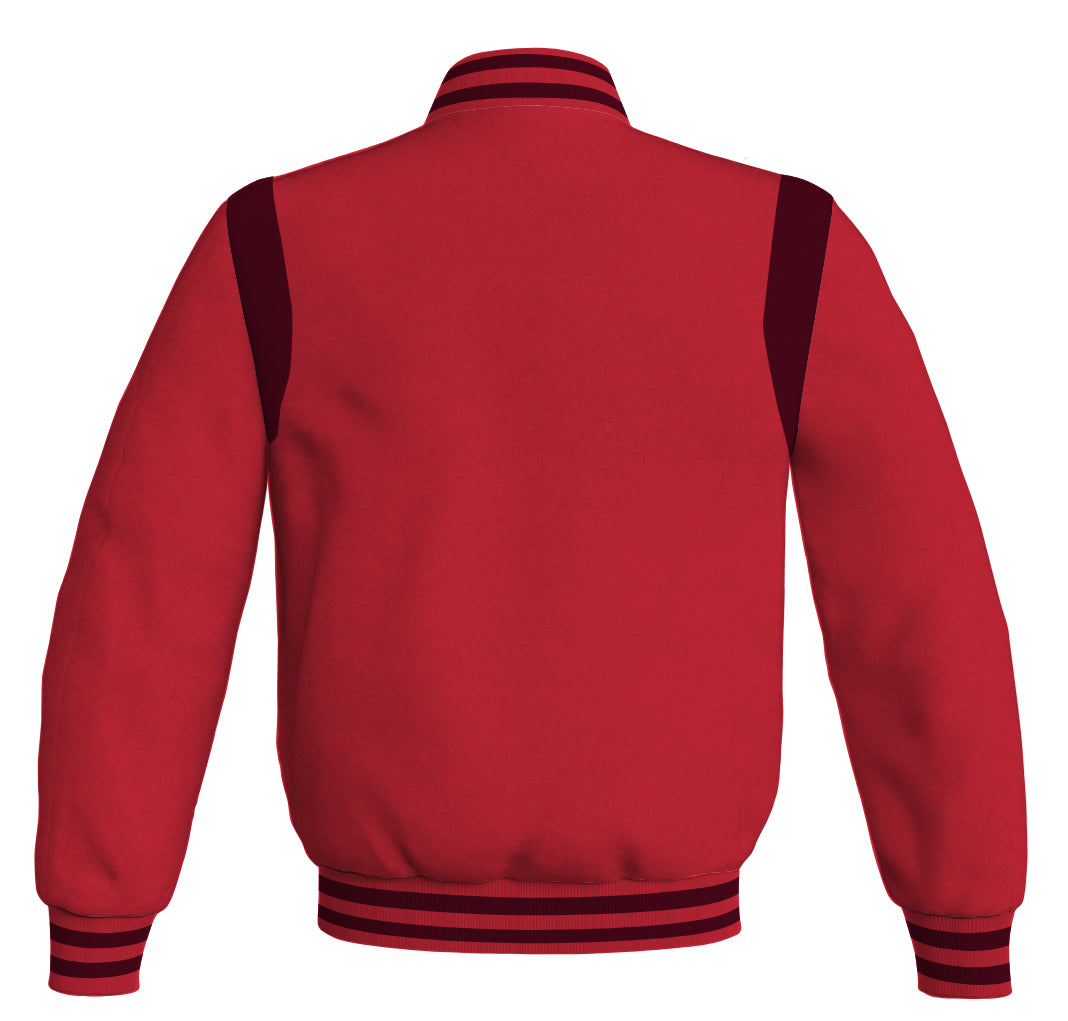 Red Letterman baseball bomber jacket with maroon leather inserts.