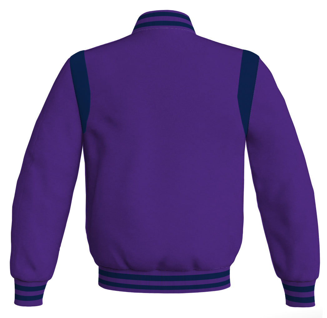 Retro Letterman baseball bomber jacket in purple with navy blue leather inserts.