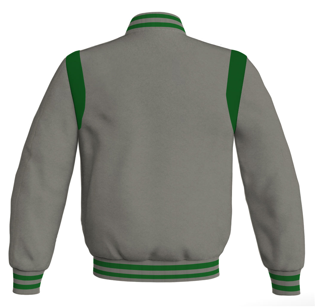 Retro style gray jacket with green leather accents.