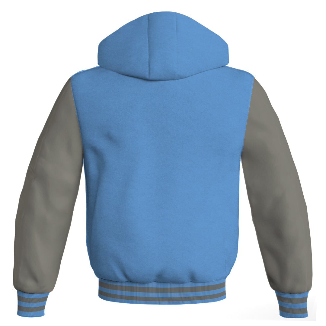 Hooded Bomber Women Sky Blue Body and Gray Leather Sleeves Custom Hoodies