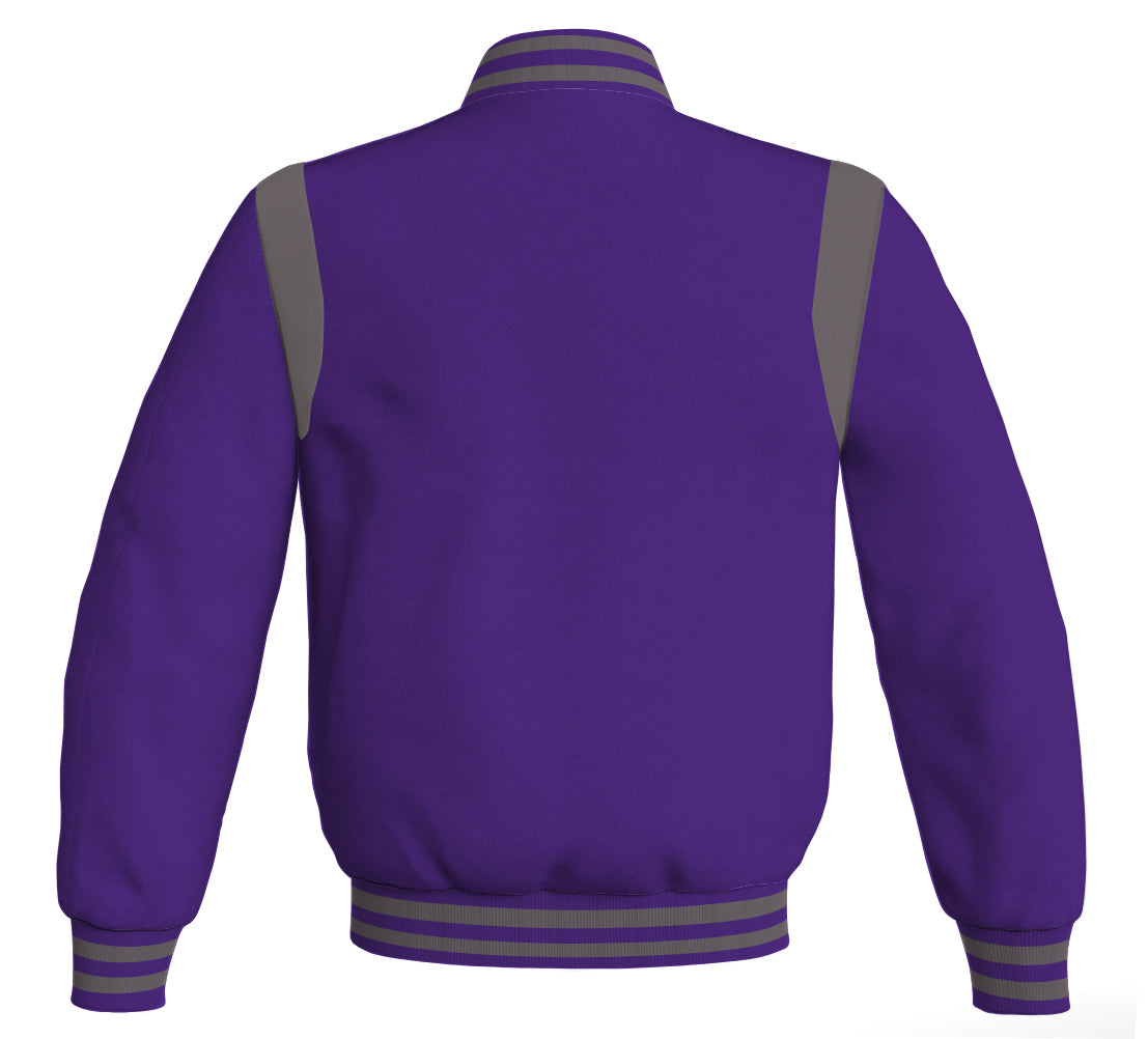 Stylish Letterman baseball bomber jacket with purple body and gray leather inserts.