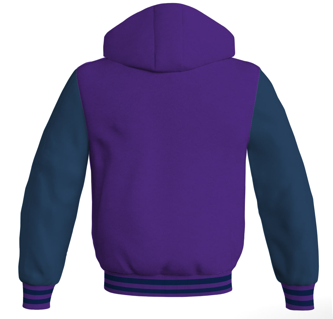 Letterman Hoodie Purple Body and Navy Blue Leather Sleeves Varsity Hoodie