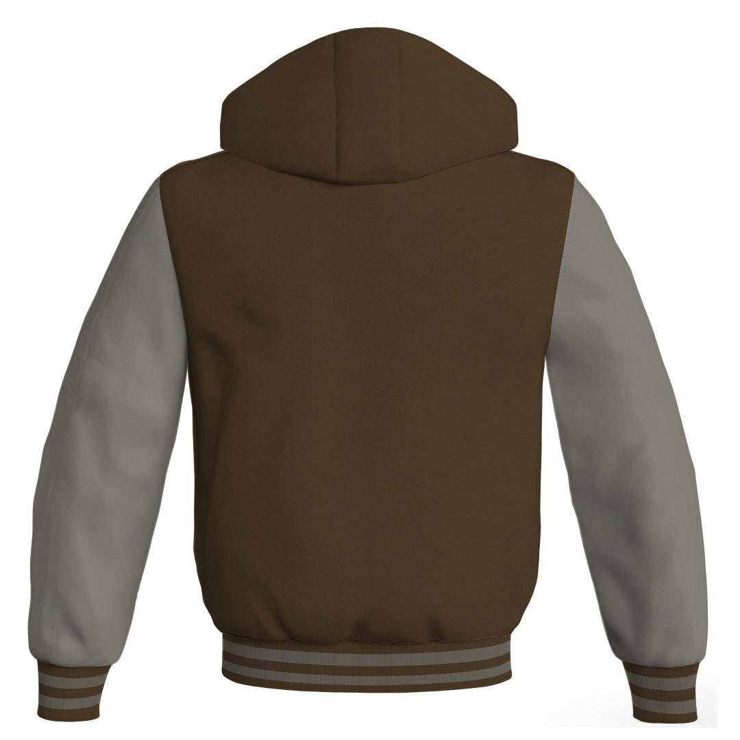 Hooded Bomber Women Brown Body and Gray Leather Sleeves Custom Hoodies