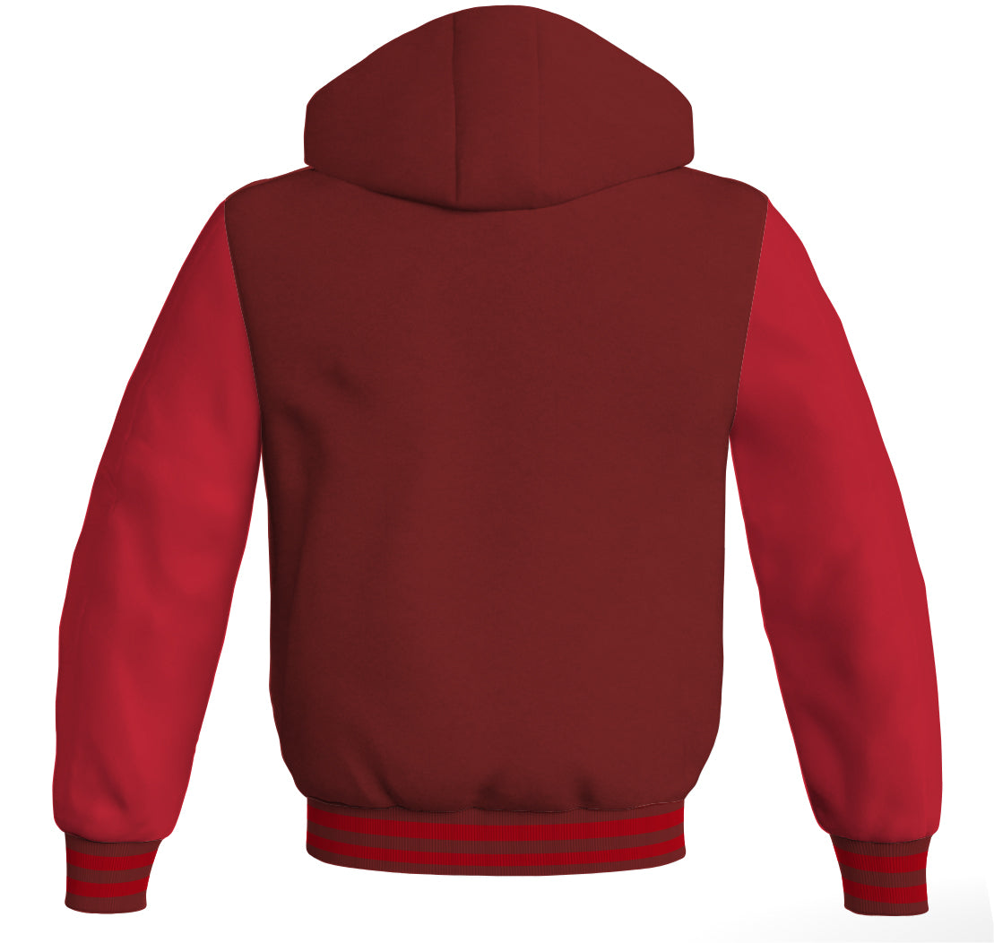 Letterman Hoodie Maroon Body and Red Leather Sleeves Varsity Hoodie