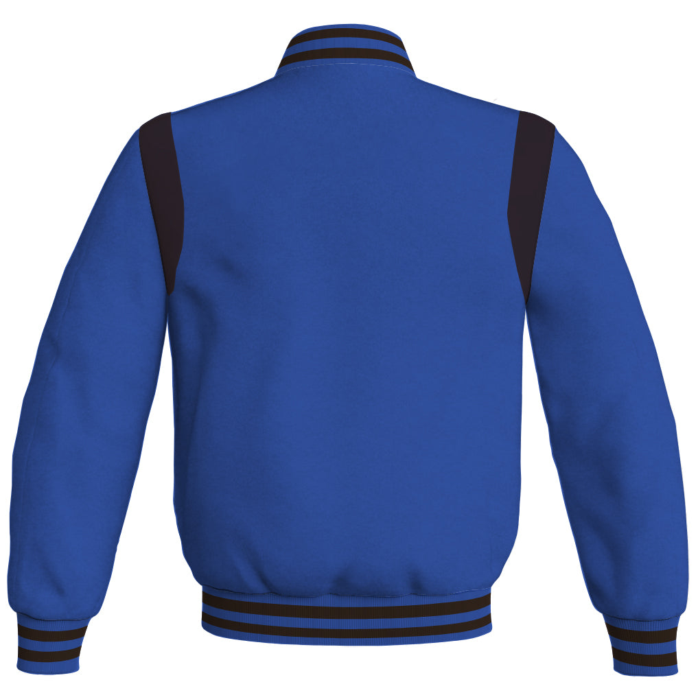 Vintage style bomber jacket in royal blue with black leather accents