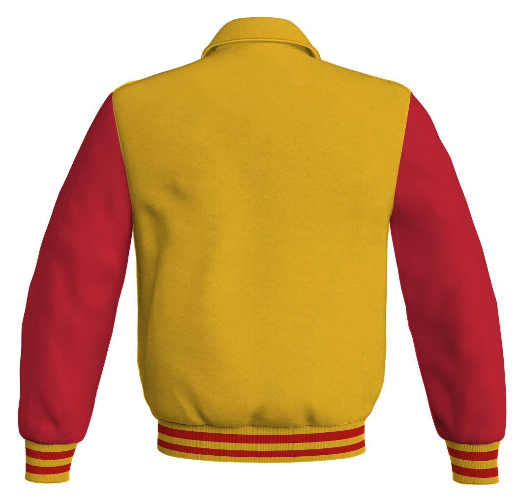Bomber Classic Jacket: Yellow/Gold Body, Red Leather Sleeves. A stylish combination of colors for a classic jacket design.