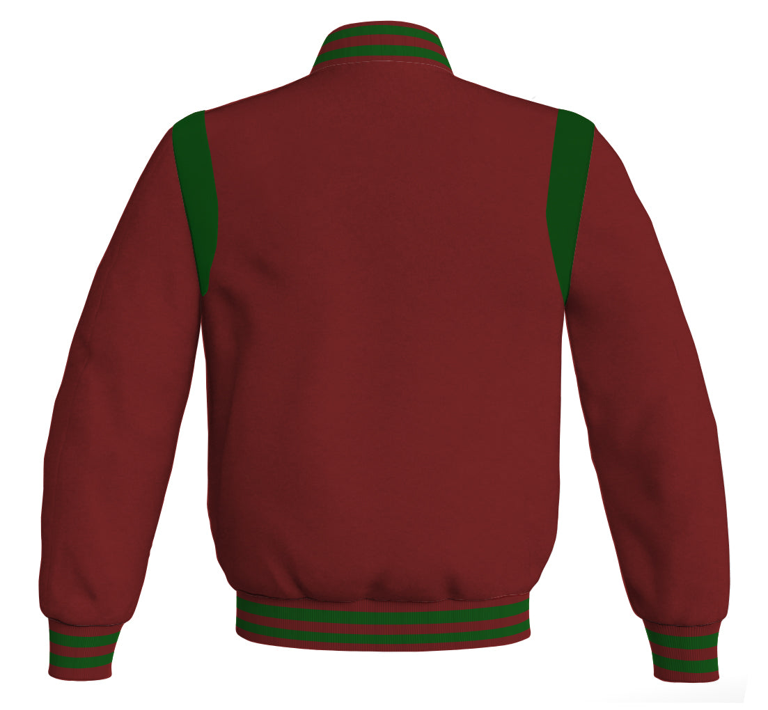 Maroon Letterman baseball bomber jacket with green leather inserts.