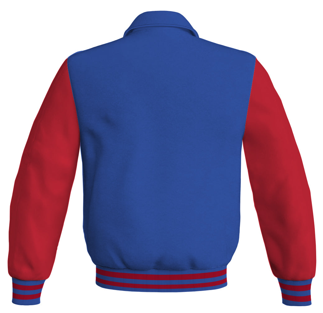 Bomber Classic Jacket: Royal blue body with red leather sleeves. Stylish and timeless design.