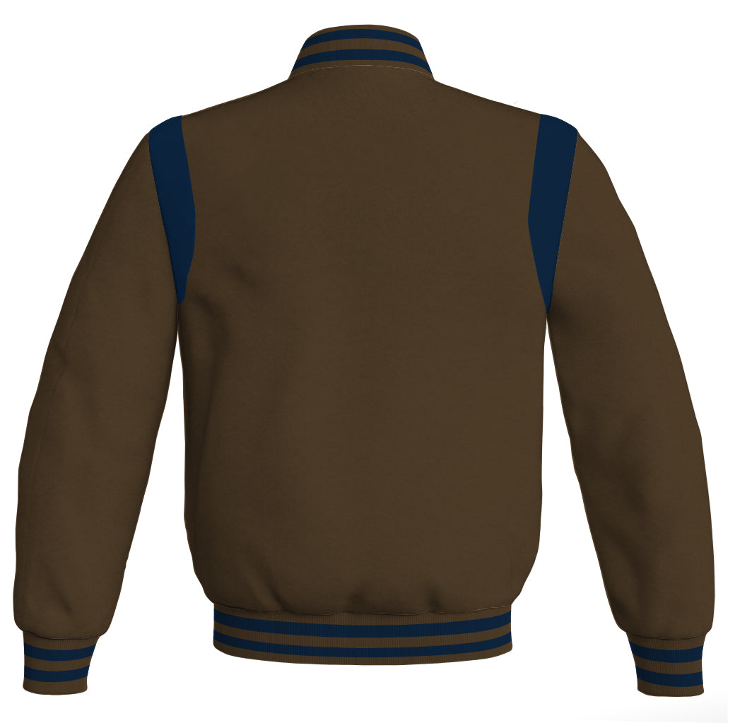Retro Letterman baseball bomber jacket in brown with navy blue leather inserts.